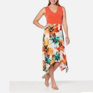 Antthony Shark Bite Hem Dress in Orange with Printed Floral Skirt Size Medium
